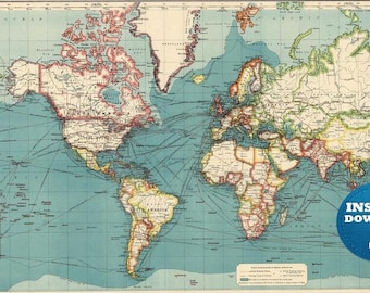 Digital Blue Vintage Atlas World Map Printable Download Digital Blue Vintage Atlas World Map Printable Download