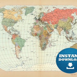 May include: A vintage world map from the Pergamon World Atlas, featuring a political view of the world. The map is in shades of beige, green, red, and yellow, with a grid overlay. A blue circle with the words "INSTANT DOWNLOAD" is in the lower right corner.