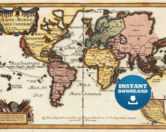 Bohemian Vintage World Map Print: Colorful Detailed Design (Digital Download)