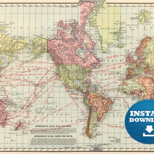 Digital Vintage Continents Connections World Map Printable Download. Vintage World Map. World Map Poster, Digital Image Map