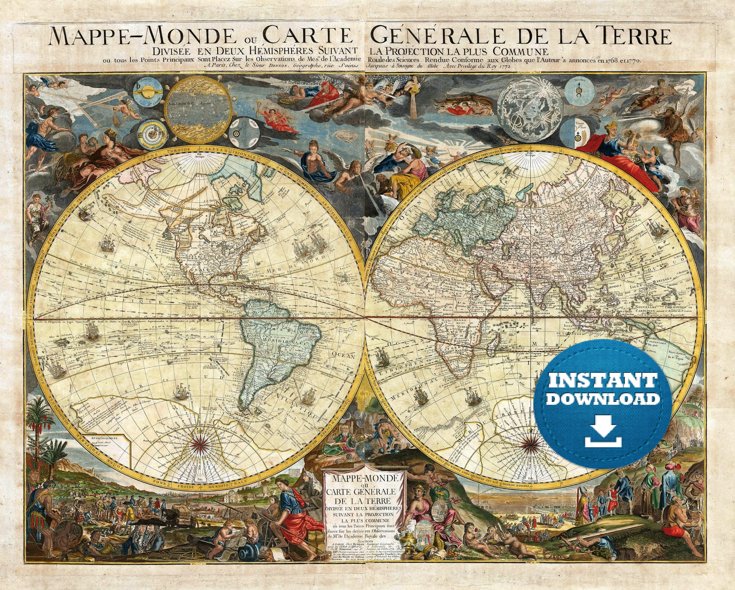 Vintage World Map Printable: Antique Illustration Poster (digital