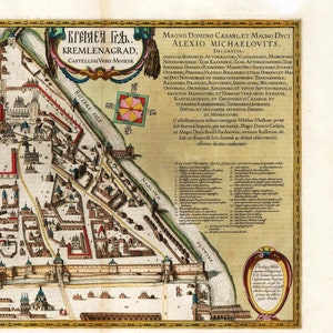 May include: An antique map of KremlenaGrad, the Kremlin of Moscow, with a compass rose and a key to the map's symbols. The map is dated and dedicated to Tsar Alexei Mikhailovich. The map shows the Kremlin walls, the Neglinna River, and the Moskva River.