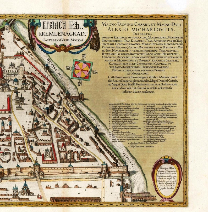 May include: An antique map of KremlenaGrad, the Kremlin of Moscow, with a compass rose and a key to the map's symbols. The map is dated and dedicated to Tsar Alexei Mikhailovich. The map shows the Kremlin walls, the Neglinna River, and the Moskva River.
