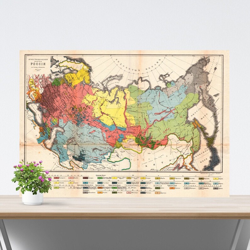 Vintage Russia Map on Paper, Russia Ethnographic Poster, Historical ...