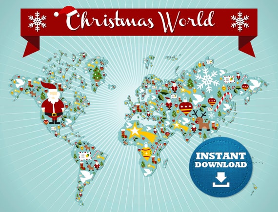 Digital Modern MERRY CHRISTMAS World Map Printable - Download. Large World Map. PRINTABLE Map. High Resolution World Map. Christmastime.