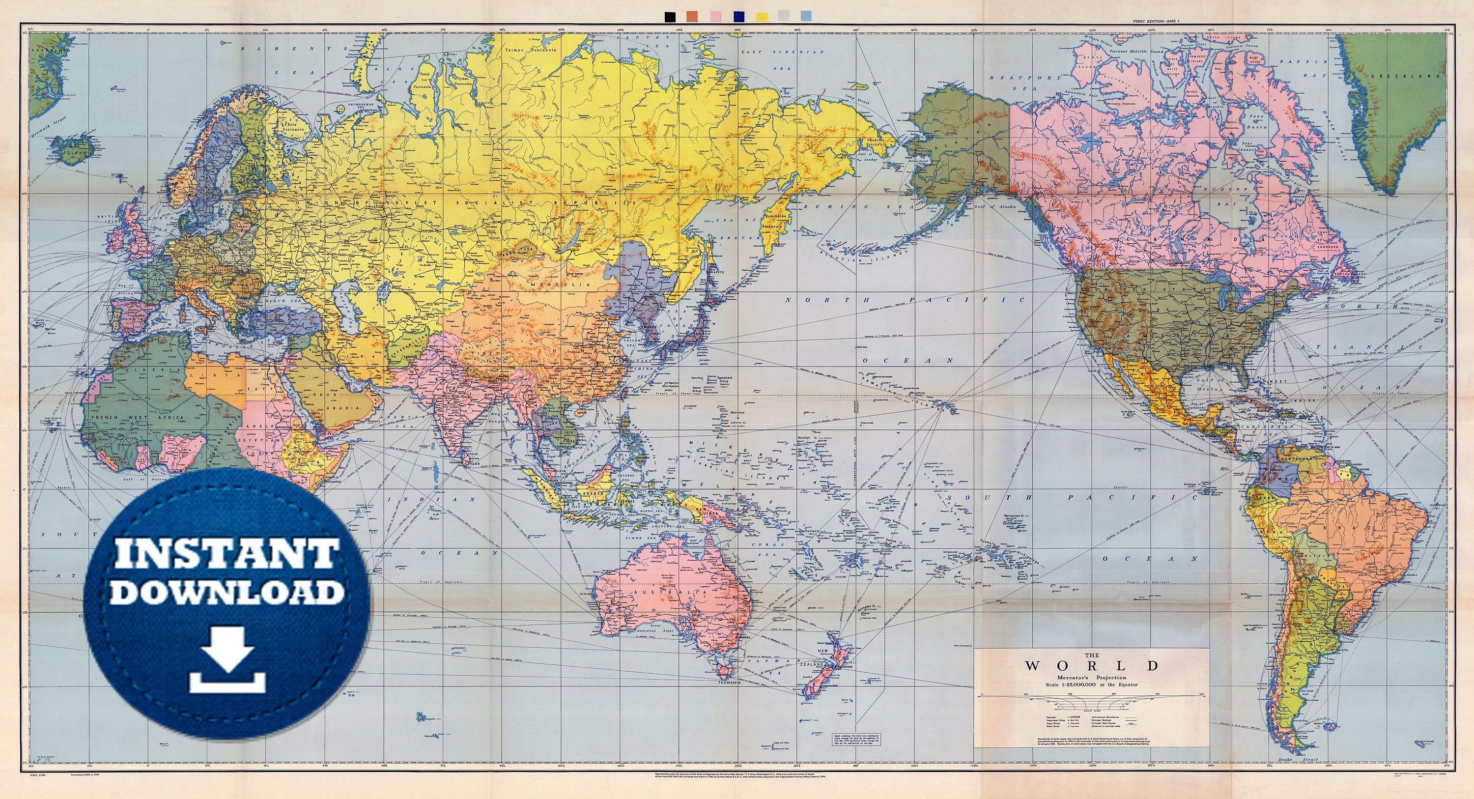 デジタル ビンテージ政治世界地図 1944。即時ダウンロード。歴史