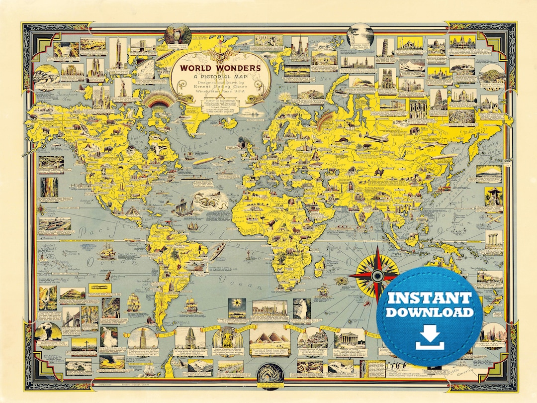Digital Vintage World Map Printable Download. World Wonders World Map ...