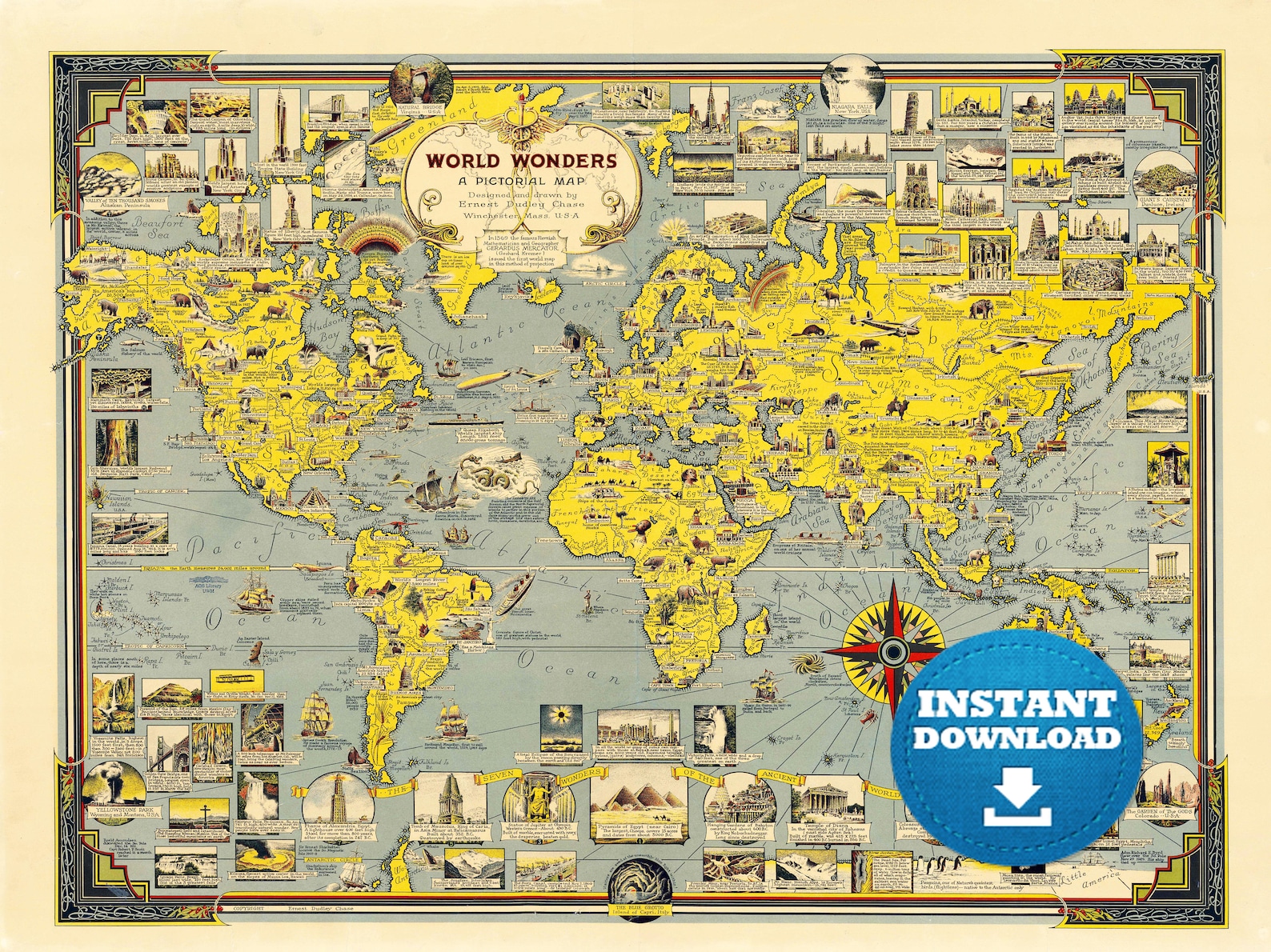 Digital Vintage World Map Printable Download. World Wonders World Map. Yellow World Map. Antique ...