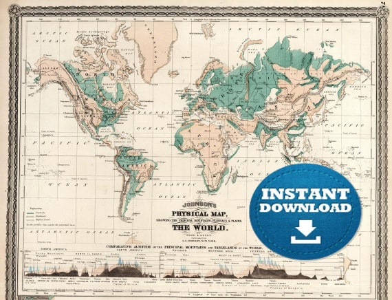 Green Vintage World Map: Detailed Antique Printable (Digital Download)