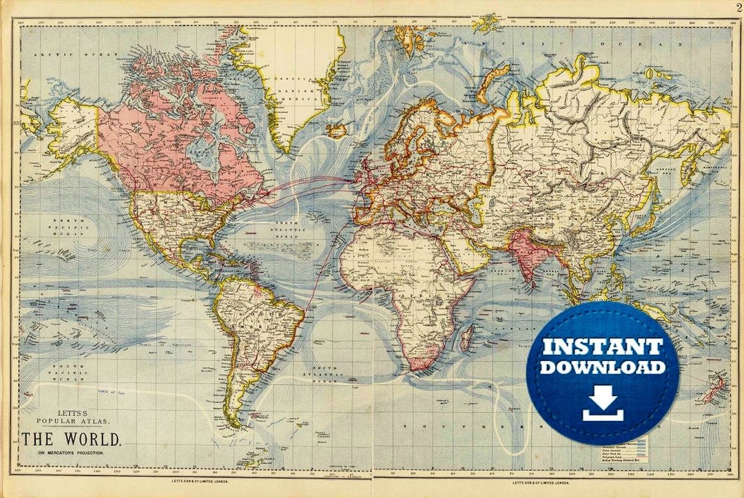 Digital Pastel Colors World Map, Printable Download, Vintage