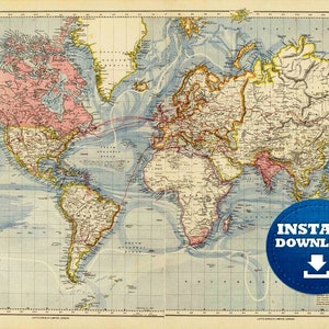 Digitale Pastell Farben Weltkarte, druckbare Download, Vintage Weltkarte, hellblaue Ozeane Weltkarte, Atlas Weltkarte, antike Weltkarte