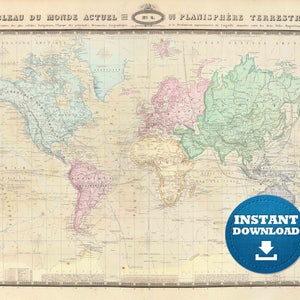 Mappa del mondo dettagliata vintage con colori vaniglia digitale, mappa del mondo con colori chiari pastello pacifici, mappa del mondo storica di buone vibrazioni, mappa stampabile.