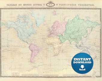Vintage Pastel World Map: Detailed Historical French Atlas (Digital Download)