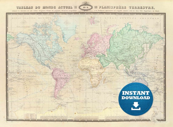 Vintage Pastel World Map: Detailed Historical French Atlas (Digital Download)