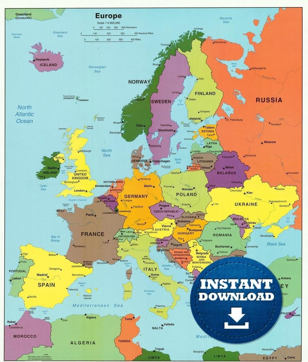 Mapa político digital colorido de Europa, mapa listo para imprimir, mapa  animado de Europa, países de Europa, póster de mapa del continente europeo  