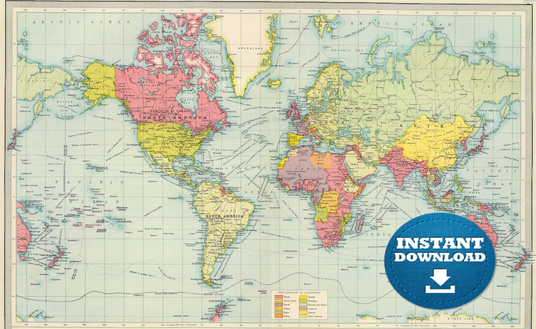 Digital Crystal Clear Vintage World Map, Vintage Green World