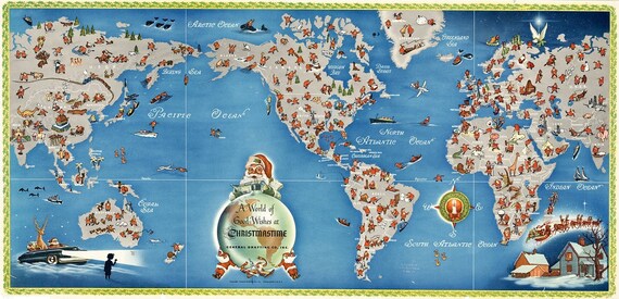 Merry Christmas World Map Print, Santa Claus on Continents (Digital Download)