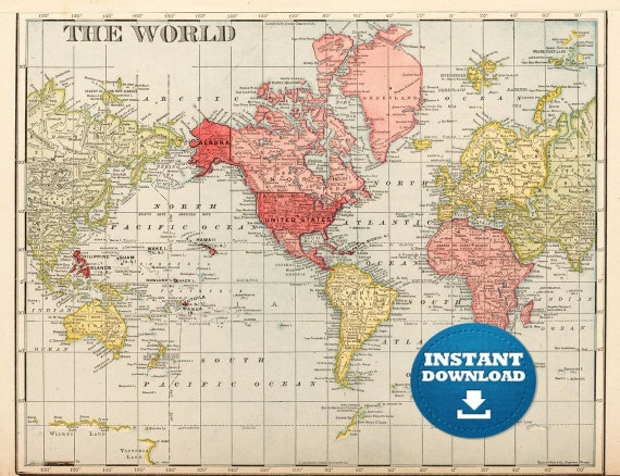 Vintage World Map: Red-Yellow Antique Poster (Digital Download)