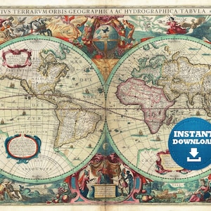 Colorido Boho Digital Vintage Printable World Map Descargar. Mapa del mundo vintage. Mapa del Mundo Francés. Mapa del mundo del póster, Mapa del mundo antiguo