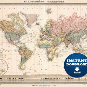 Colorful Digital vintage Pink World Map Printable Download, Detailed Antique Français Boho World Map, Pastel Colors World Map Poster
