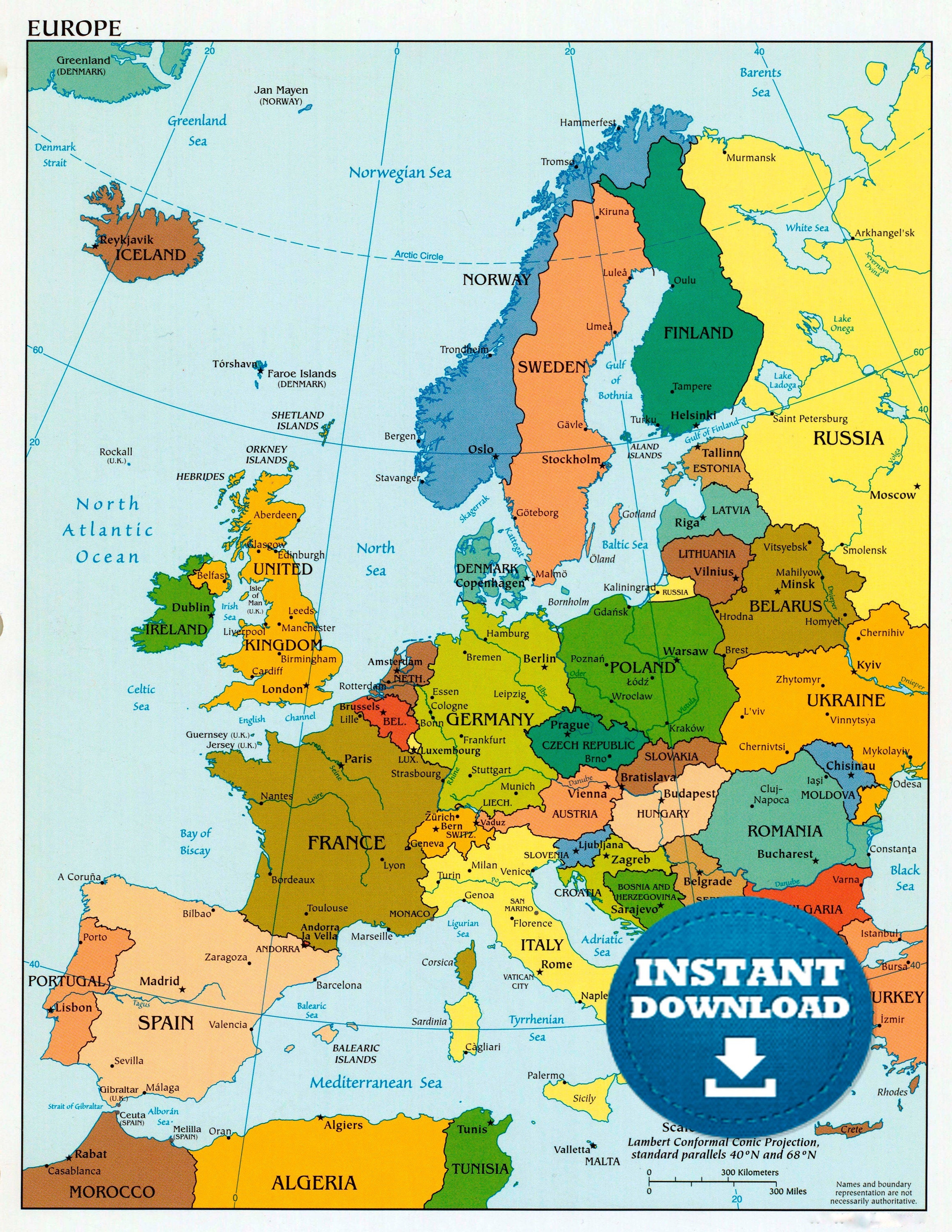Mappa digitale politica colorata dell'Europa Download - Etsy Italia