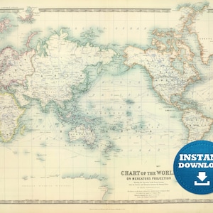 Asia-Japan-Centric Digital Printable Antique World Map Download. Vintage Pacific Ocean World Map. Australia and New Zealand Map.
