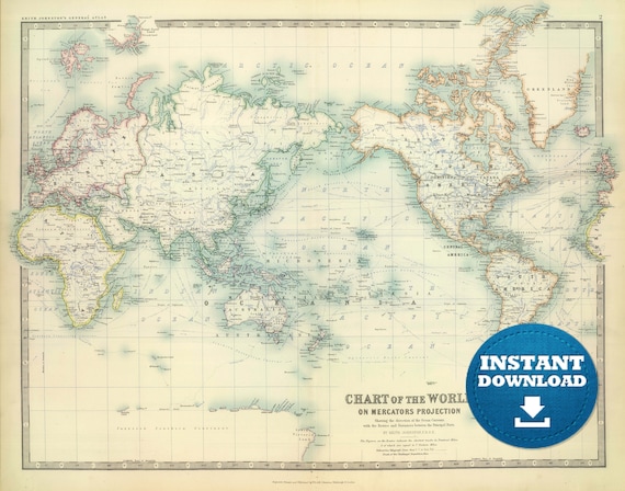 Asia-Japan-Centric Digital Printable Antique World Map Download. Vintage Pacific Ocean World Map. Australia and New Zealand Map.