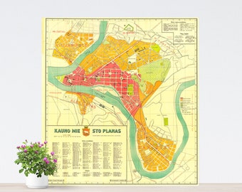 Vintage Kaunas City Map Poster, Lithuania, 1929