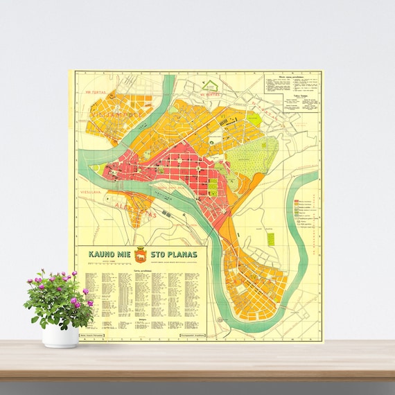 Vintage Kaunas City Map Poster, Lithuania, 1929