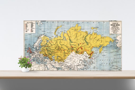 Vintage Yellow Russia Map on Paper, Russia Vintage Map Poster, Historical Russia Poster, Vintage Map Eastern Europe, Tsarist Russia Poster