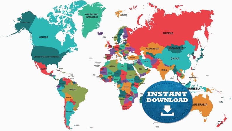 Digital Colorful Political World Map Printable Download. World Map ...