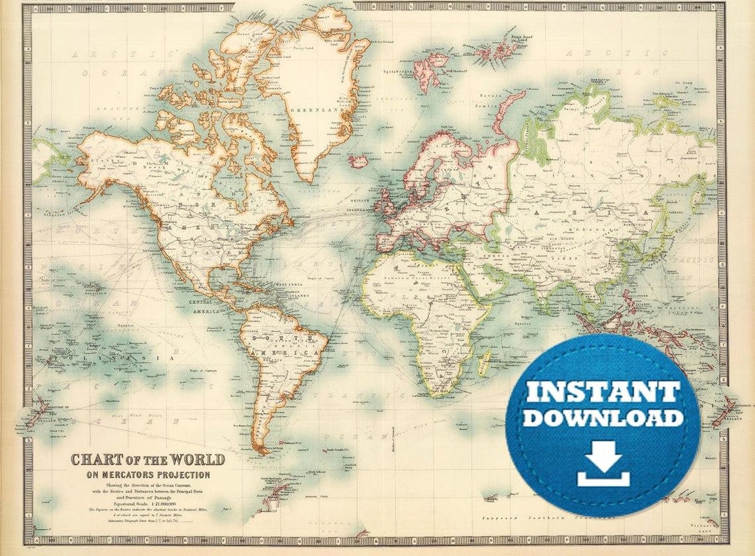 Digital Vintage World Map Printable Download. Antique World