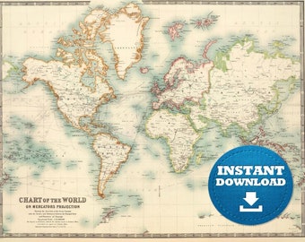 Digital Vintage World Map Printable Download. Antique World