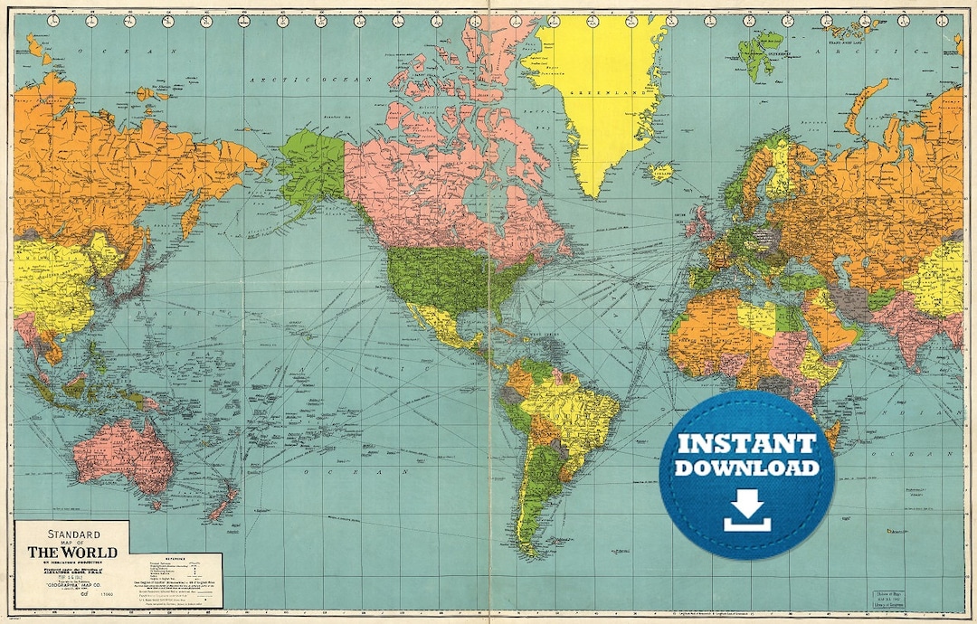 Digital Vintage Standard Map of the World. Printable
