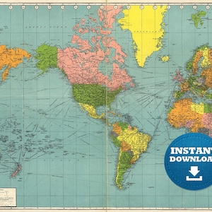 Mapa Digital Vintage Padrão do Mundo. Download para impressão. Mapa do mundo azul e laranja e estilo vintage. Pôster do Mapa Mundial Centrado na América