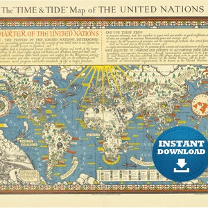 デジタル国連世界地図、印刷可能な世界地図、即時ダウンロード、アンティーク世界地図、絵入り歴史国連世界地図