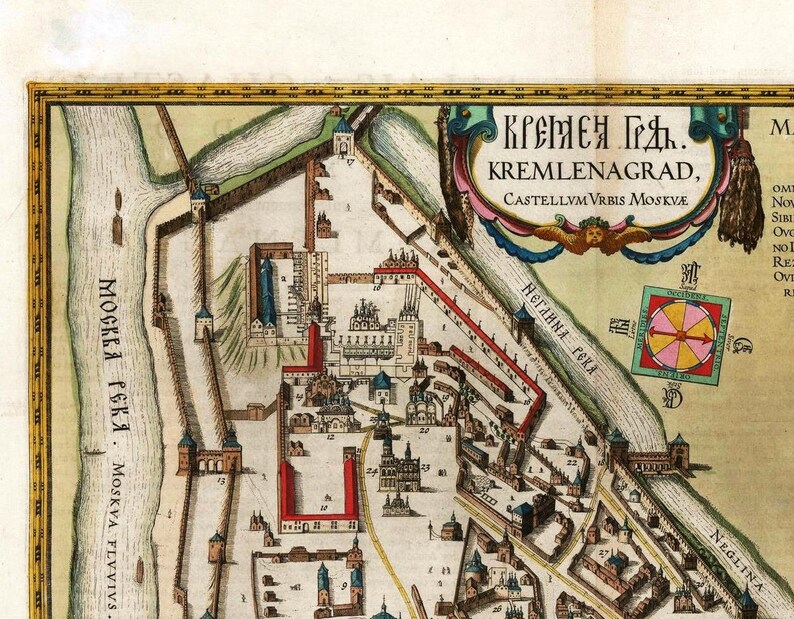 May include: An antique map of the Kremlin in Moscow, Russia. The map is hand-drawn and features detailed illustrations of the Kremlin walls, towers, and buildings. The map is titled "Kremlen Grad" and "Castellum Vrbis Moskve" in Latin. The map also includes a compass rose and a key.