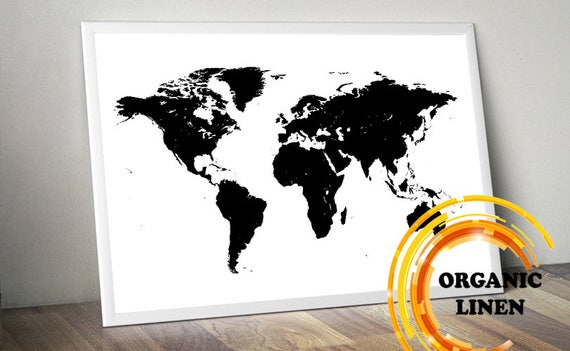 Black and White World Map on Organic Linen: Modern Wall Art (23x35 inch)