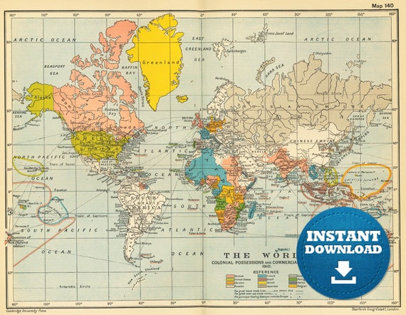 Vintage World Map Print: 1922 Atlas Poster (Digital Download)