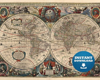 Descarga imprimible del mapa del mundo antiguo vintage digital. Mapa del mundo de la vendimia. Imagen de mapa imprimible. Ilustración de sirena de mapa antiguo