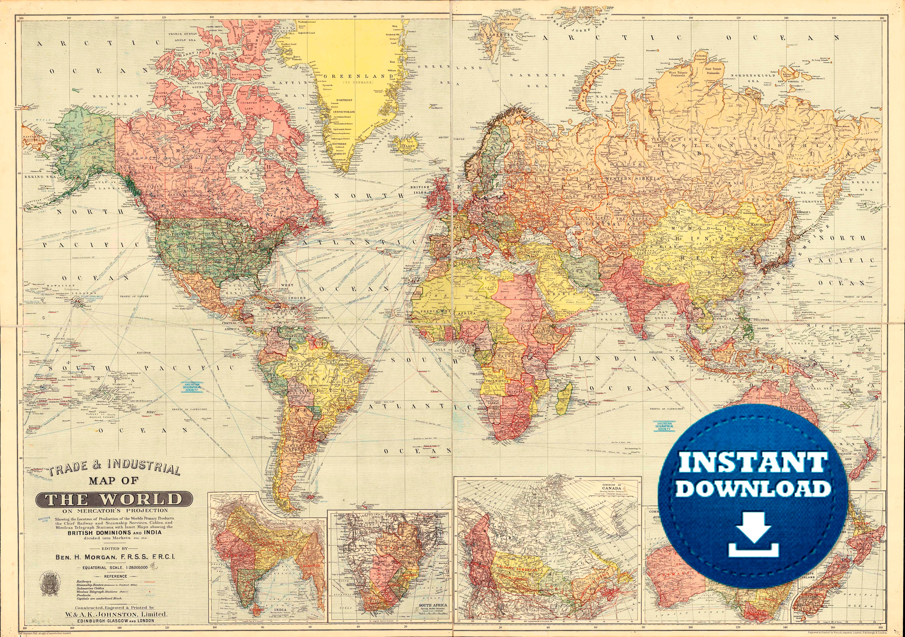 digital vintage colorful world map printable download