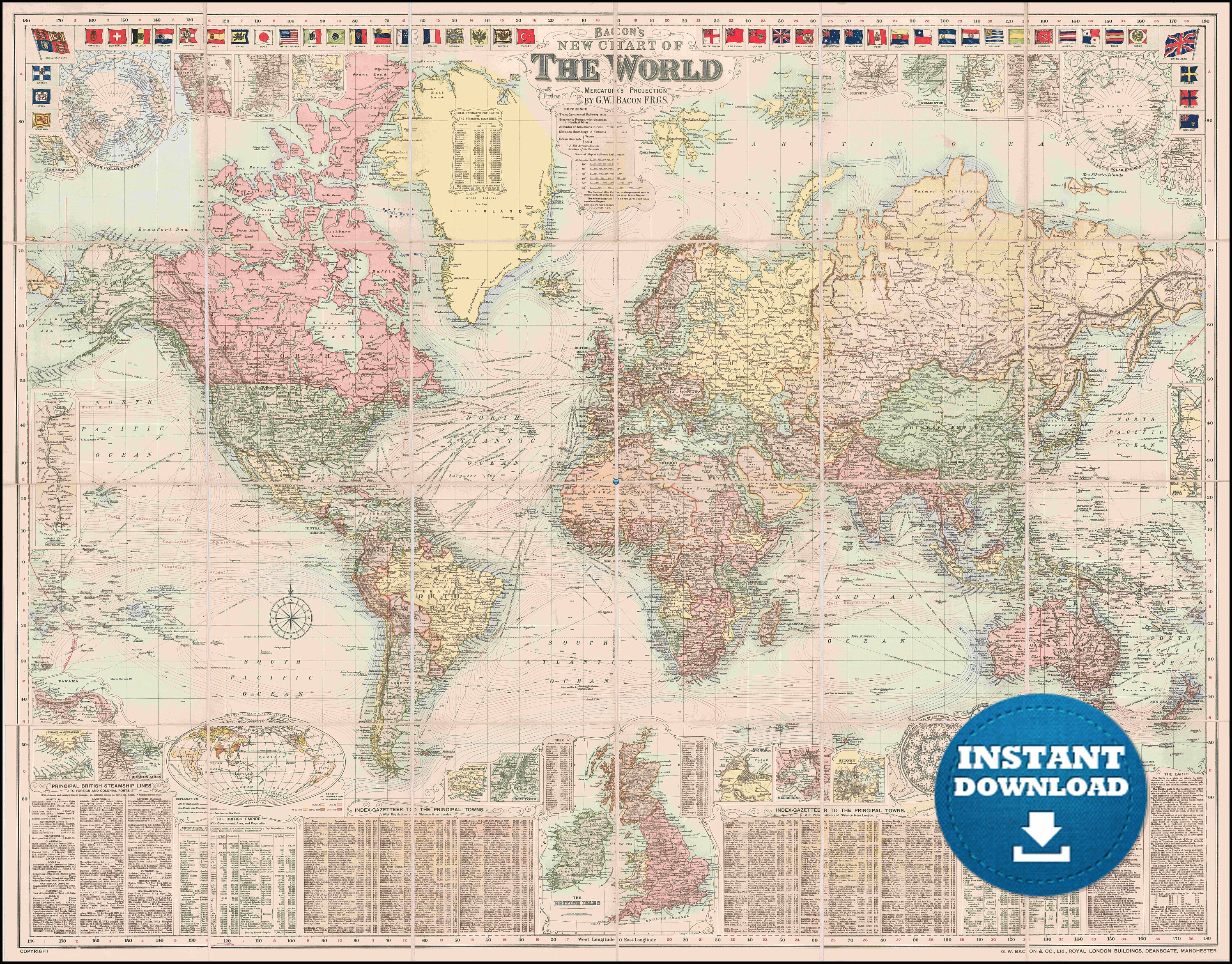 digital colorful detailed vintage printable world map download vintage