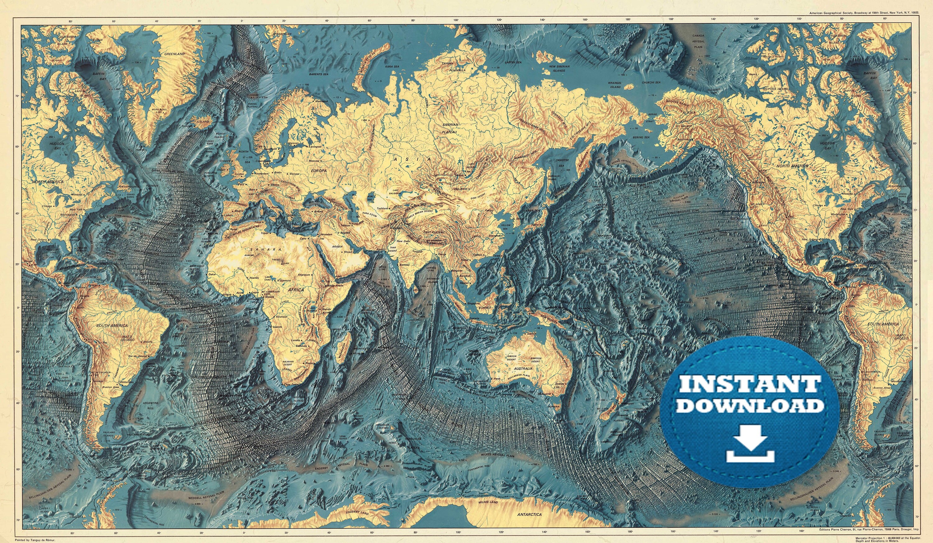 digital ocean relief world map printable download yellow