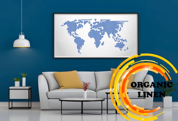 Blue Triangle World Map Print: Organic Linen Wall Art