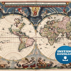 Digitale Vintage Wereldkaart Afdrukbare Download. Vintage wereldkaart. Wereldkaart Digitaal. Antieke Kaart Illustratie.Poster. Antieke wereldkaart