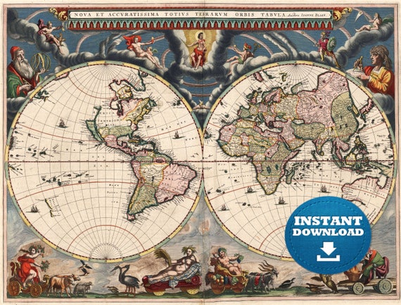 Vintage World Map Printable: Antique Style Illustration (Digital Download)