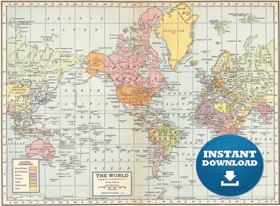 Descarga imprimible de mapas digitales vintage atlas world map. Mapa del  Mundo Vintage. Mapa del mundo escaneado. Mapa del mundo pastel. Mapa del  póster. Mapa del mundo antiguo -  España