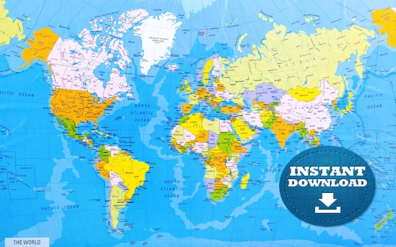 Digital Modern Bright Blue Oceans Political World Map Printable Download. Weltkarte. Poster World Map. Country World Map, School World Map
