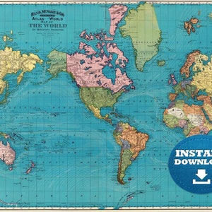 Mapa do mundo colorido vintage dos oceanos azuis digitais para download para impressão, mapa do cartaz, mapa do mundo antigo, mapa do mundo do atlas, mapa do mundo histórico