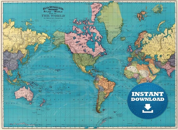 Vintage World Map Print: 1897 Atlas, Blue Oceans (digital